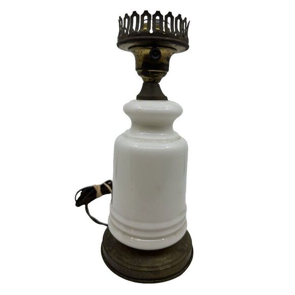 Vintage Milk Glass Oil Lamp Base With Floral Design & Brass Crown Detailing - Picture 5 of 14